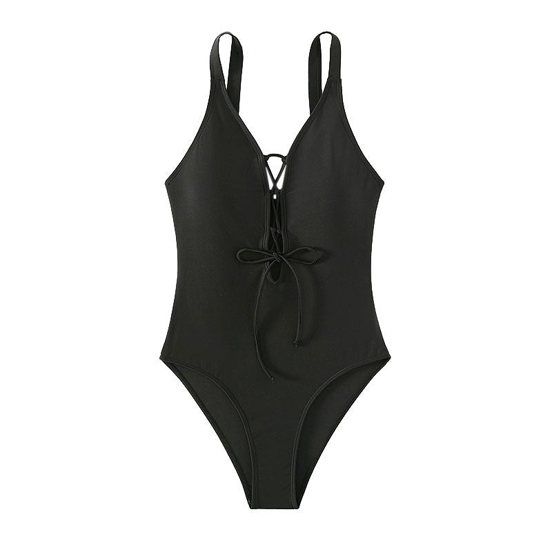 One-Piece Swimsuit for Women, Solid Color, Drawstring, Hollow-Out, Fitted Beach Swimwear