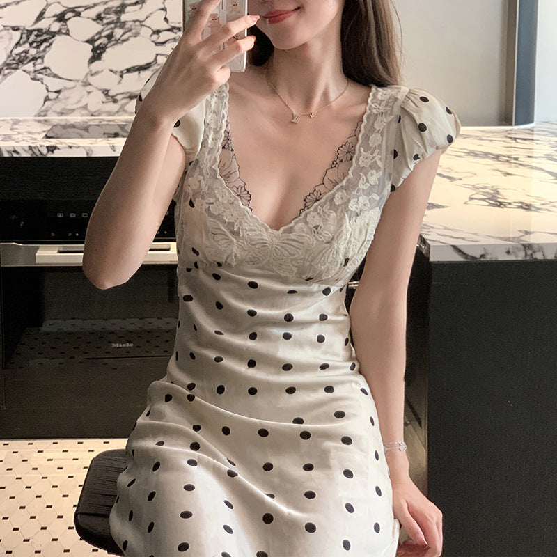 Dot Print Sleeveless Lace Patchwork Two-Piece Dress Set, Elegant Satin Bodysuit with Ruffle Detail, Fit and Flare Silhouette