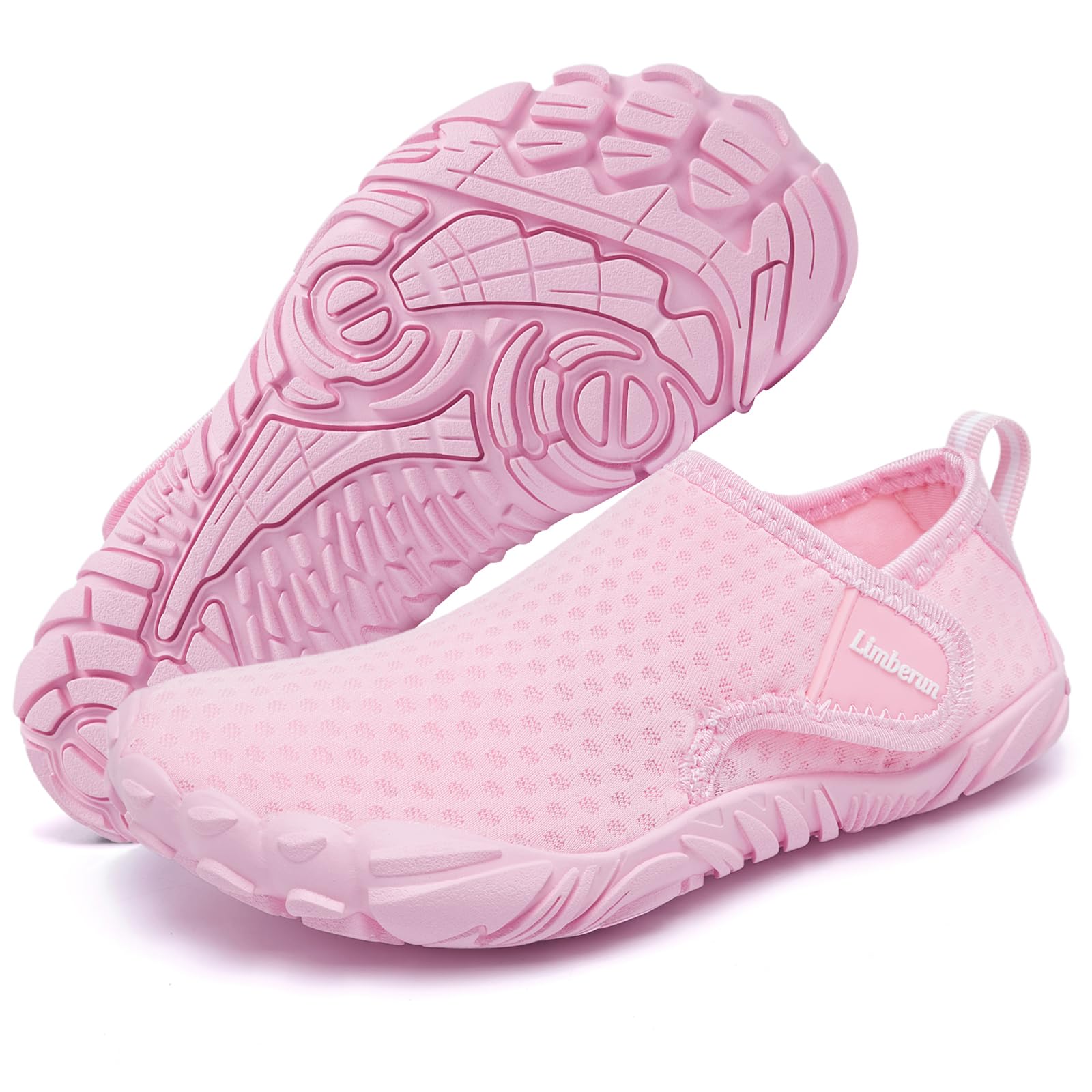 Pink kids water shoes with non-slip soles, breathable mesh upper