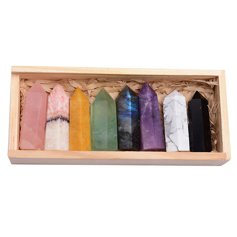 Natural Crystal Single Pointed Column Set White Crystal Pink Crystal Eight-Color Wooden Box Set