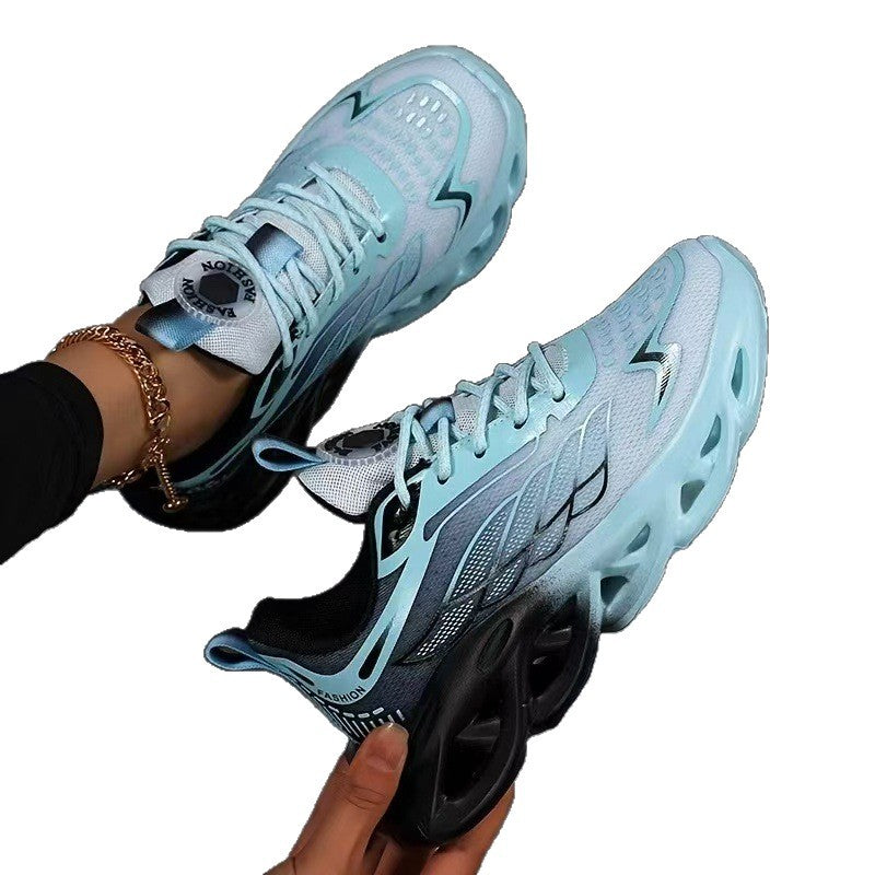 Fashionable unisex mesh running shoes in light blue with breathable design and cushioned support