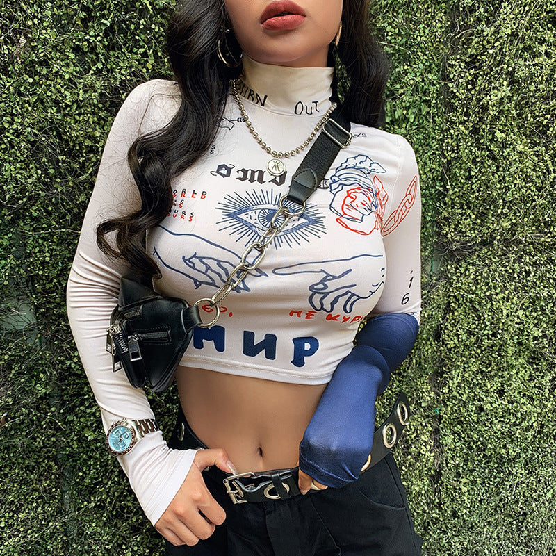 2019 Autumn Winter Women's Print Crop Top T-Shirt