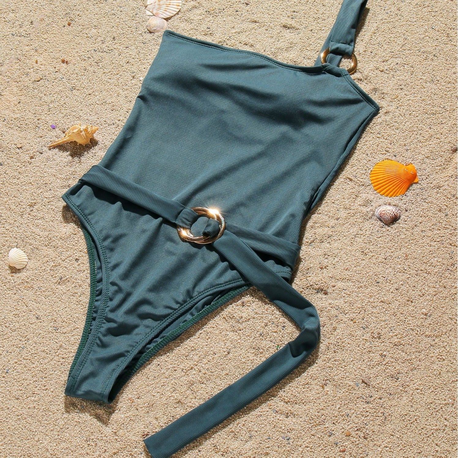 Solid color single shoulder slim fit threaded fabric bikini