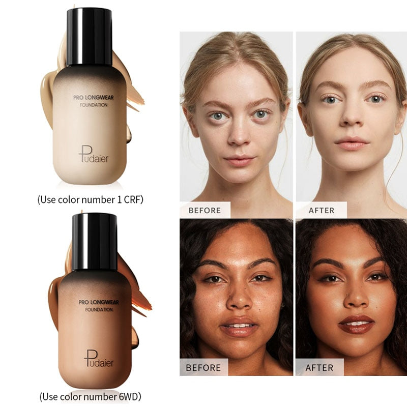 Foundation bottle with swatch colors showing coverage and waterproof features.