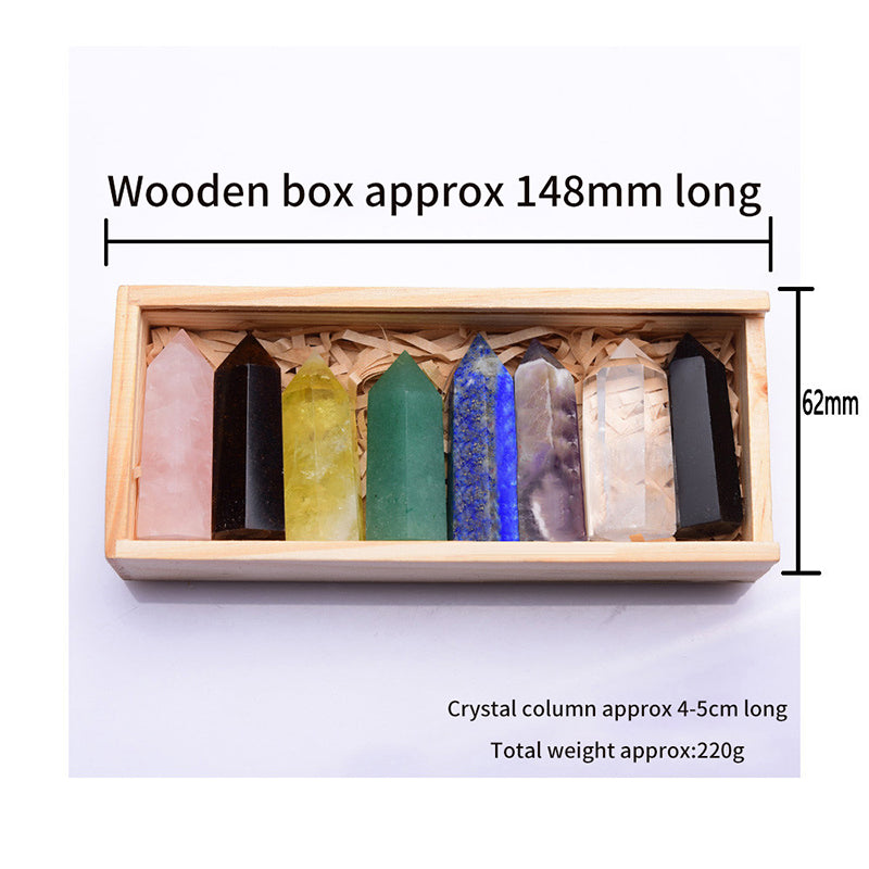Natural Crystal Single Pointed Column Set White Crystal Pink Crystal Eight-Color Wooden Box Set