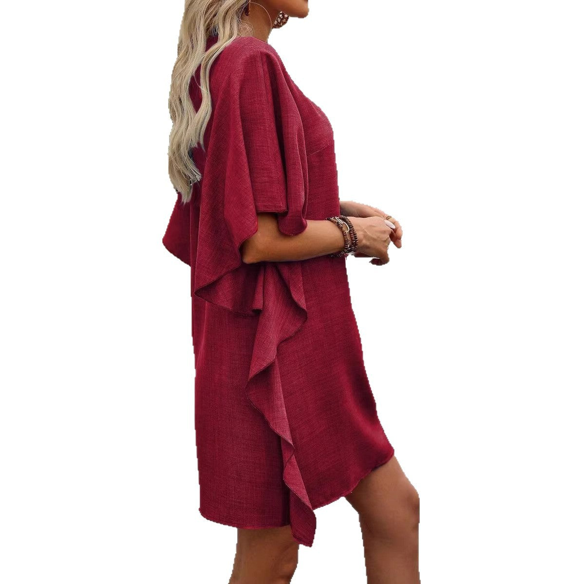SummerWomen's Pure Color Loose Ruffled Fashion V-Neck Dress