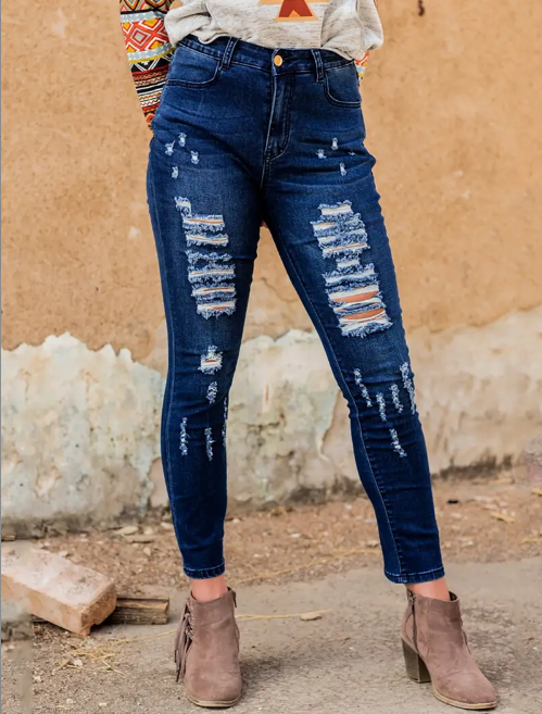 High Waist Blue Ripped Skinny Jeans for Women