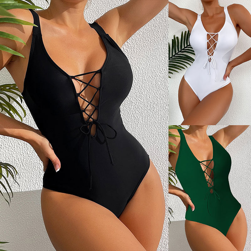 One-Piece Swimsuit for Women, Solid Color, Drawstring, Hollow-Out, Fitted Beach Swimwear