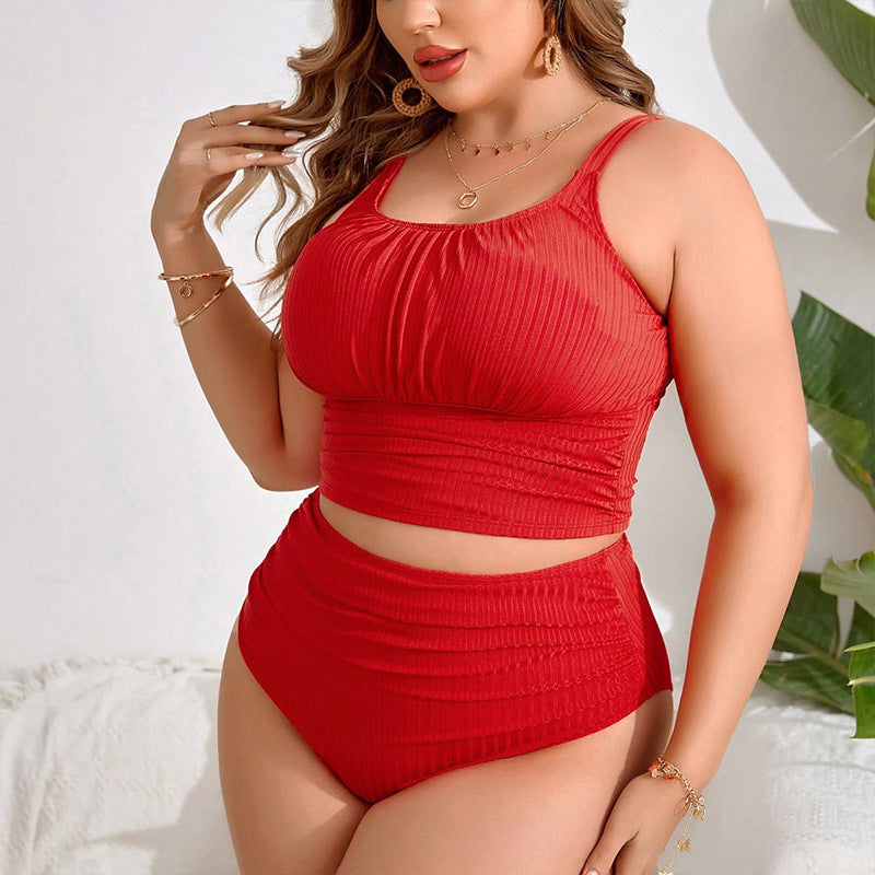 Plus Size High-Waisted Bikini Set for Women – Quick-Dry, Tummy Control, Red