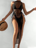 Mesh One-Piece Swimsuit for Women with Tie-Strap Transparent Beach Dress Cover-Up Swimwear