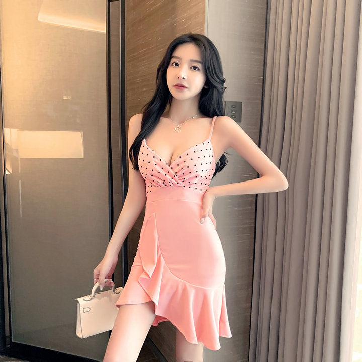 Irregular Dress with Stitching Straps and Wood Ears