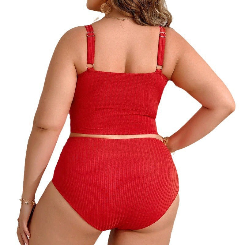 Plus Size High-Waisted Bikini Set for Women – Quick-Dry, Tummy Control, Red