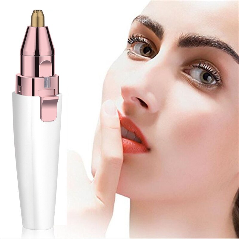 Dual-function eyebrow and nose hair trimmer with a sleek design in white and pink.