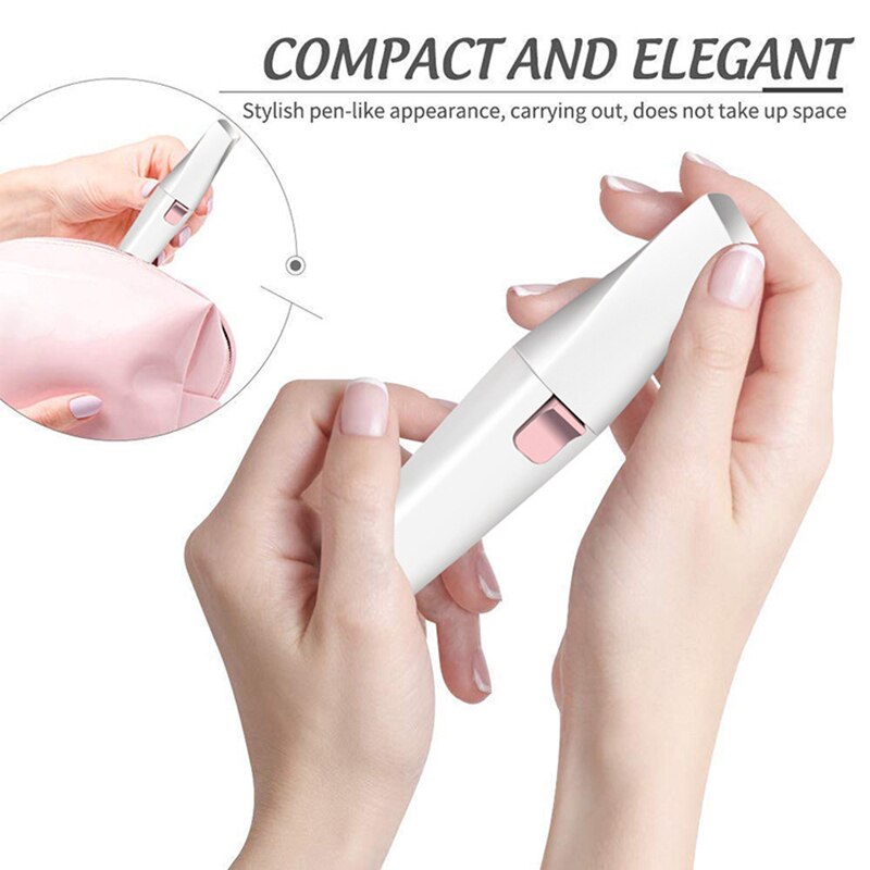Dual-function eyebrow and nose hair trimmer with a sleek design in white and pink.