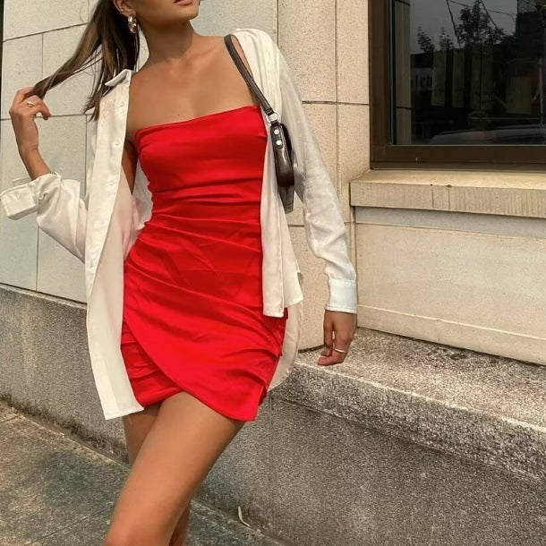 Off-Shoulder Pleated Slim Fit Tube Top Dress