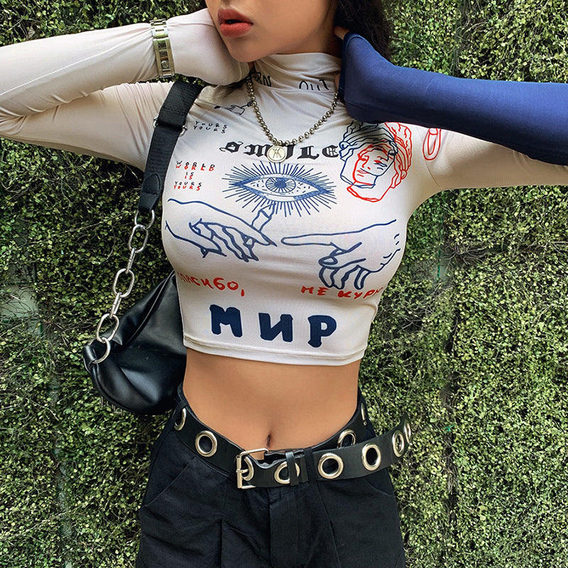 2019 Autumn Winter Women's Print Crop Top T-Shirt