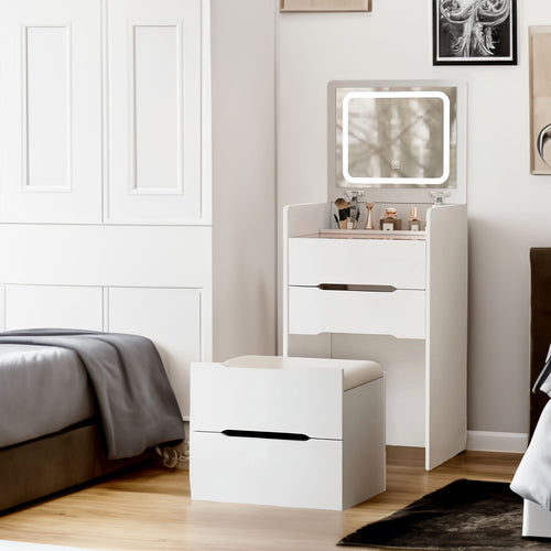White compact vanity desk with a flip top mirror and drawers for makeup storage