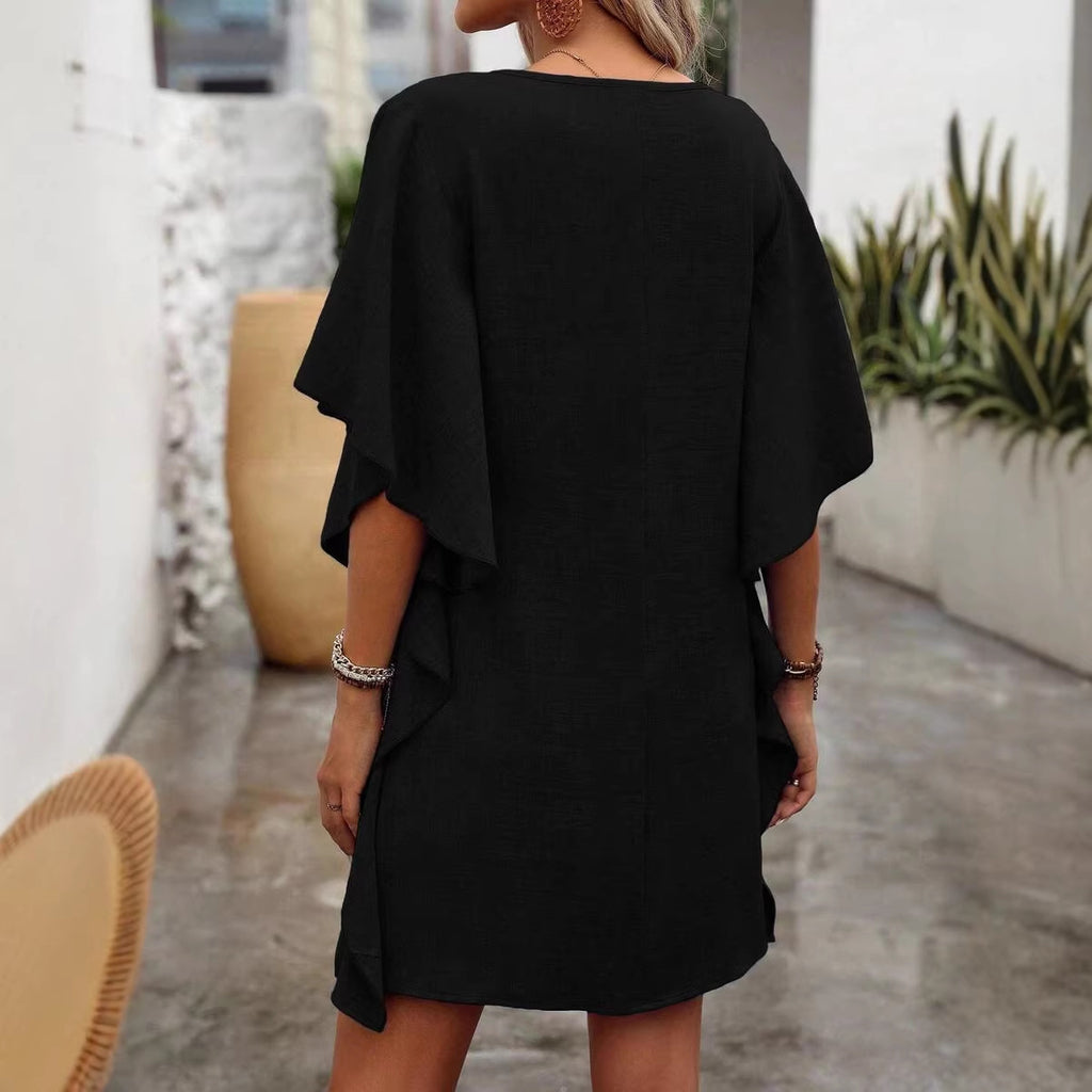 SummerWomen's Pure Color Loose Ruffled Fashion V-Neck Dress