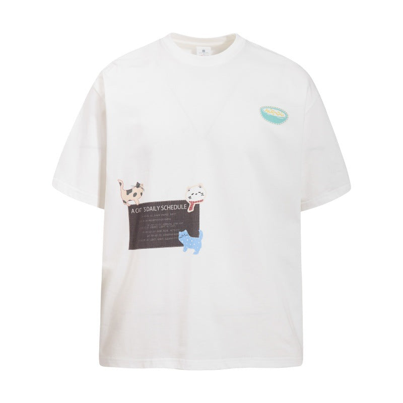Cartoon kitten print pure cotton short sleeved shirt