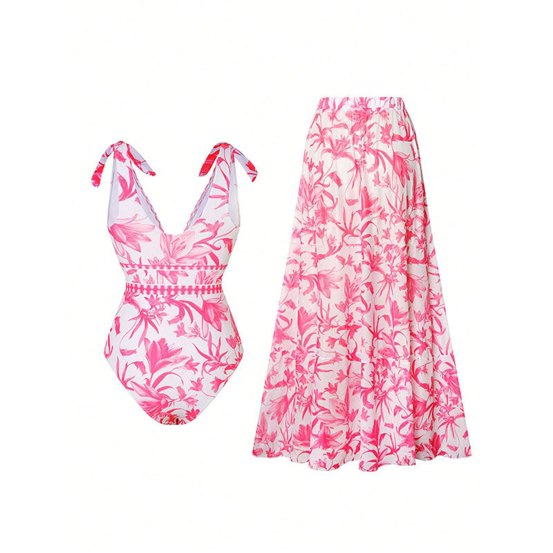 V-Neck Printed Bikini Set for Women, Two-Piece Swimwear with Beach Dress Style
