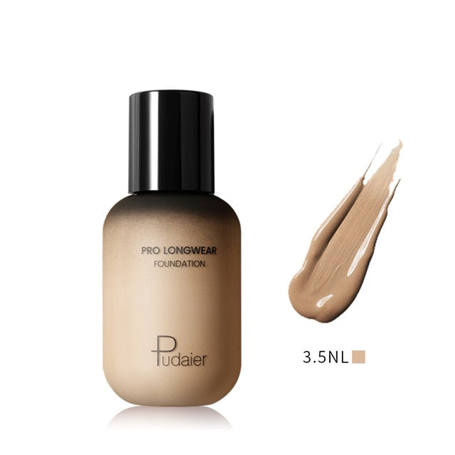 Foundation bottle with swatch colors showing coverage and waterproof features.