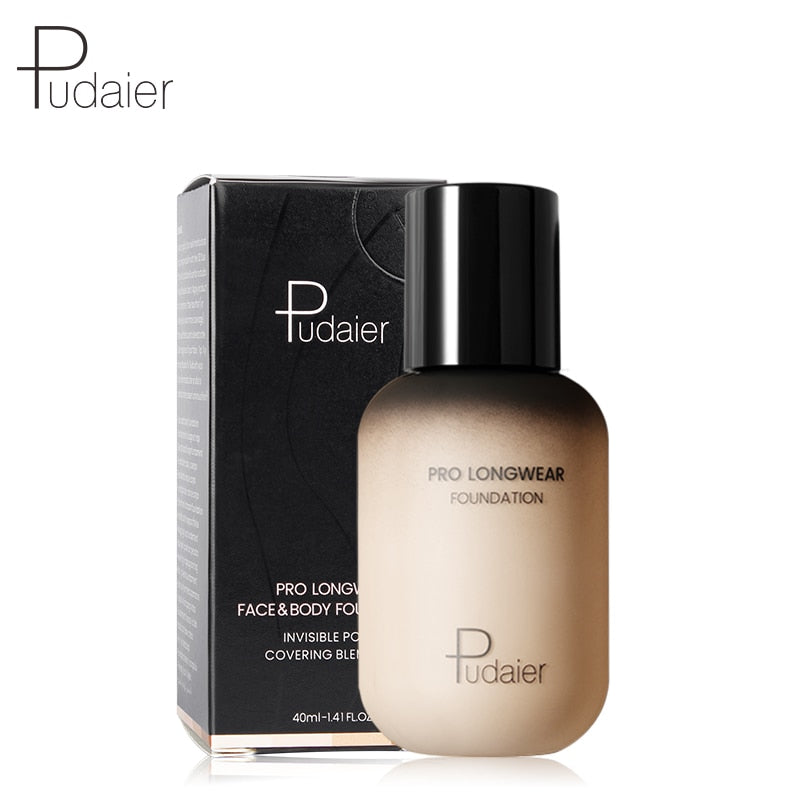 Foundation bottle with swatch colors showing coverage and waterproof features.