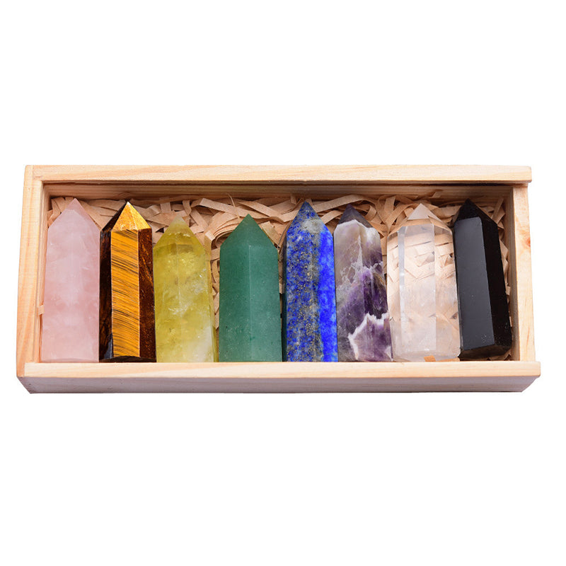 Natural Crystal Single Pointed Column Set White Crystal Pink Crystal Eight-Color Wooden Box Set