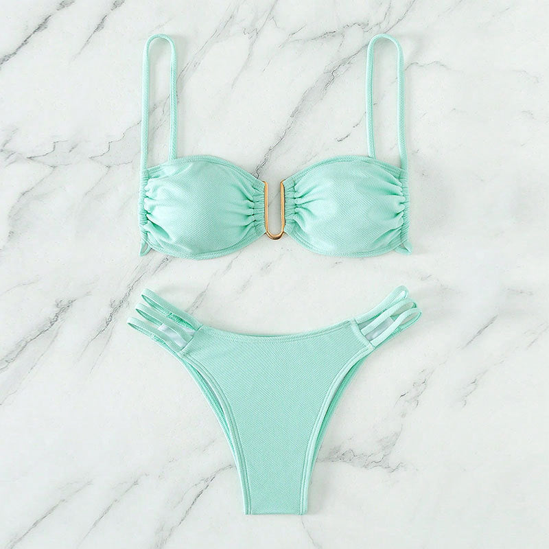 Solid Color Sexy Bikini Set, Three-Piece Beach Swimwear for Women
