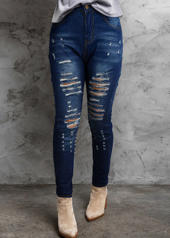 High Waist Blue Ripped Skinny Jeans for Women