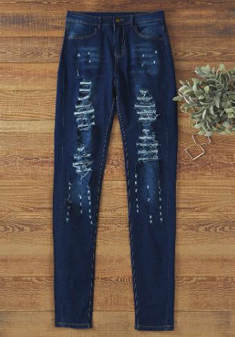 High Waist Blue Ripped Skinny Jeans for Women