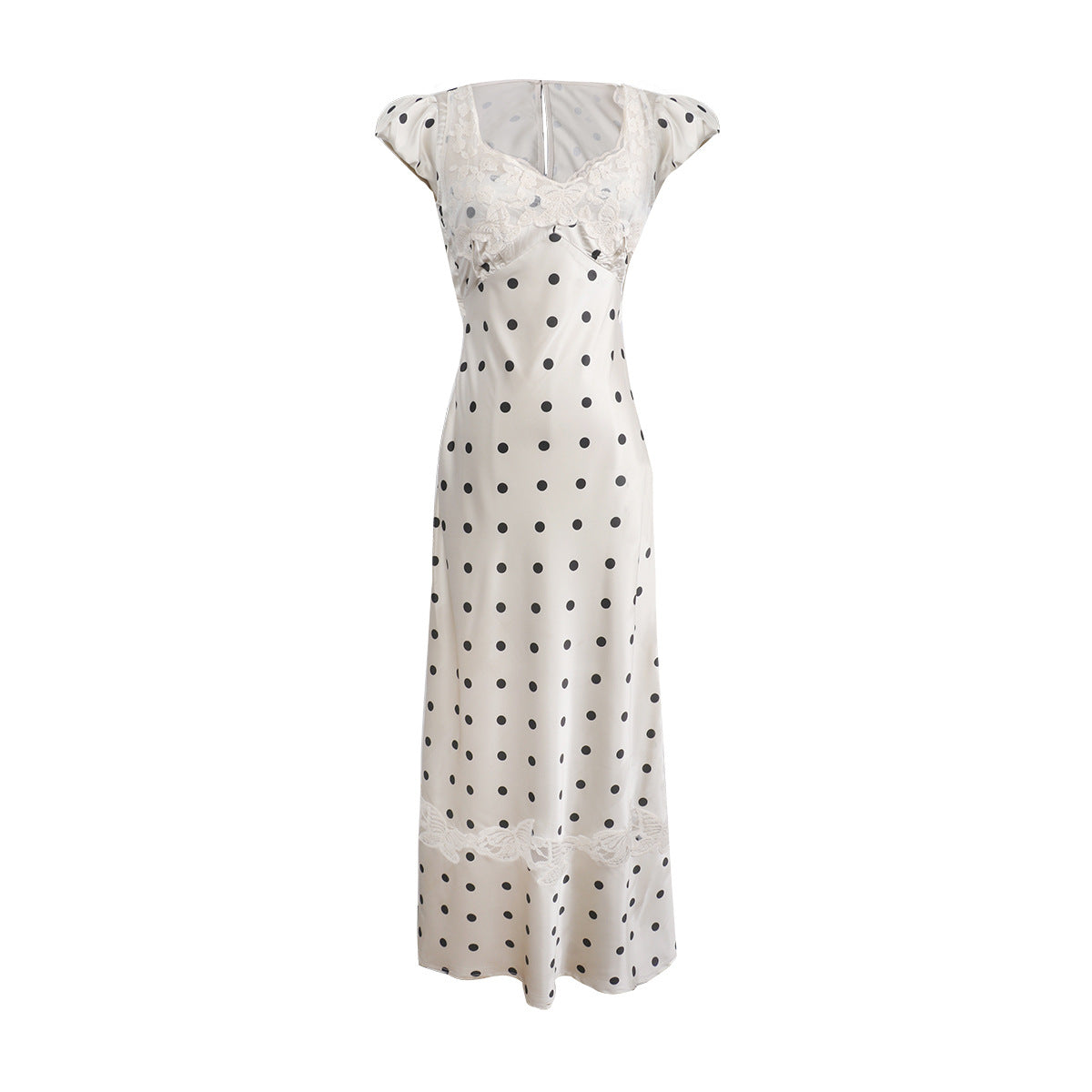 Dot Print Sleeveless Lace Patchwork Two-Piece Dress Set, Elegant Satin Bodysuit with Ruffle Detail, Fit and Flare Silhouette