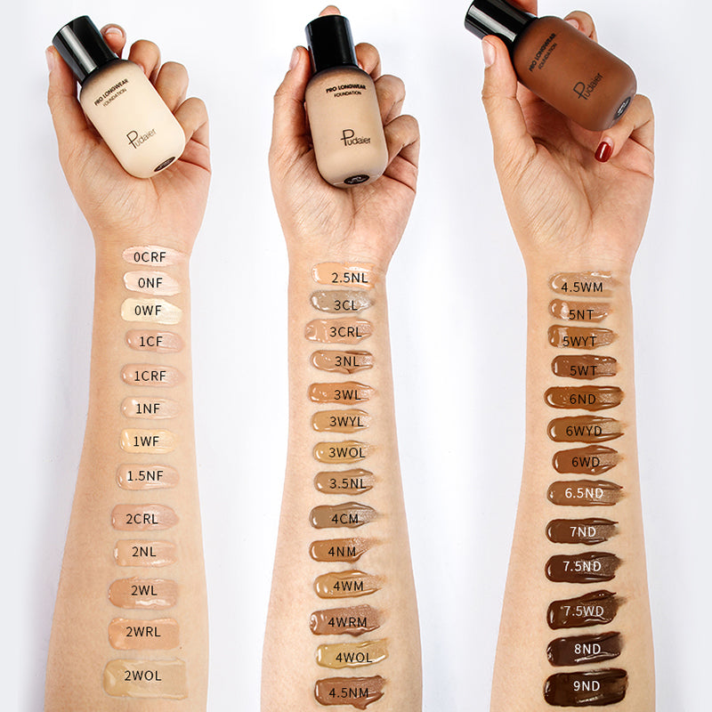 Foundation bottle with swatch colors showing coverage and waterproof features.