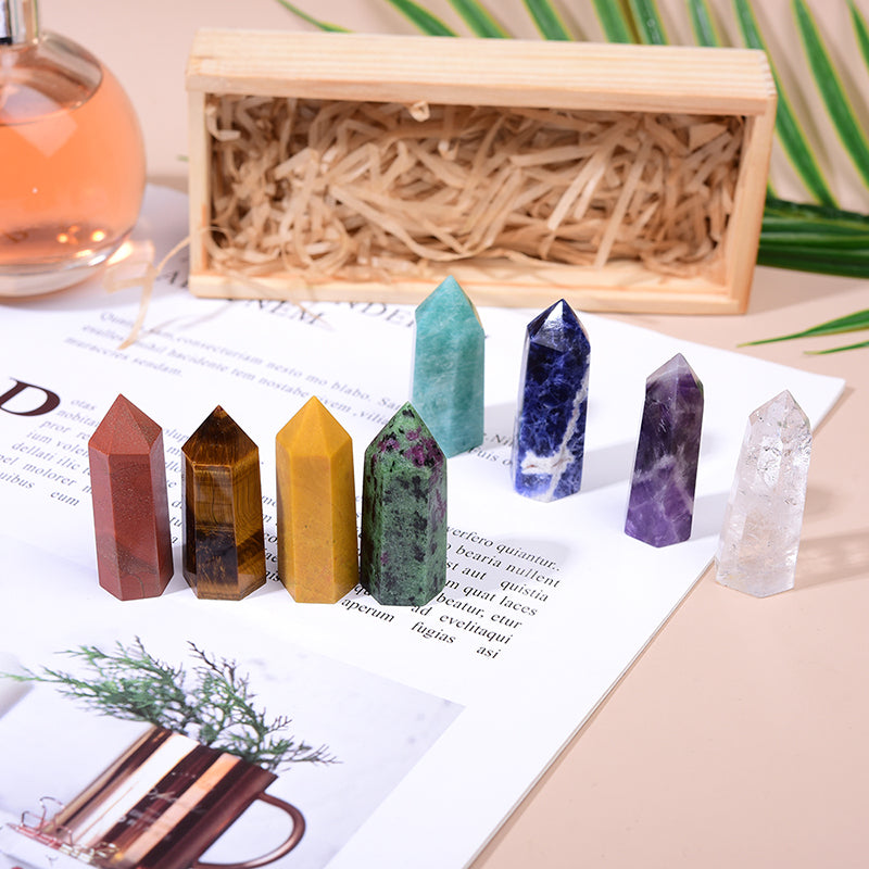Natural Crystal Single Pointed Column Set White Crystal Pink Crystal Eight-Color Wooden Box Set