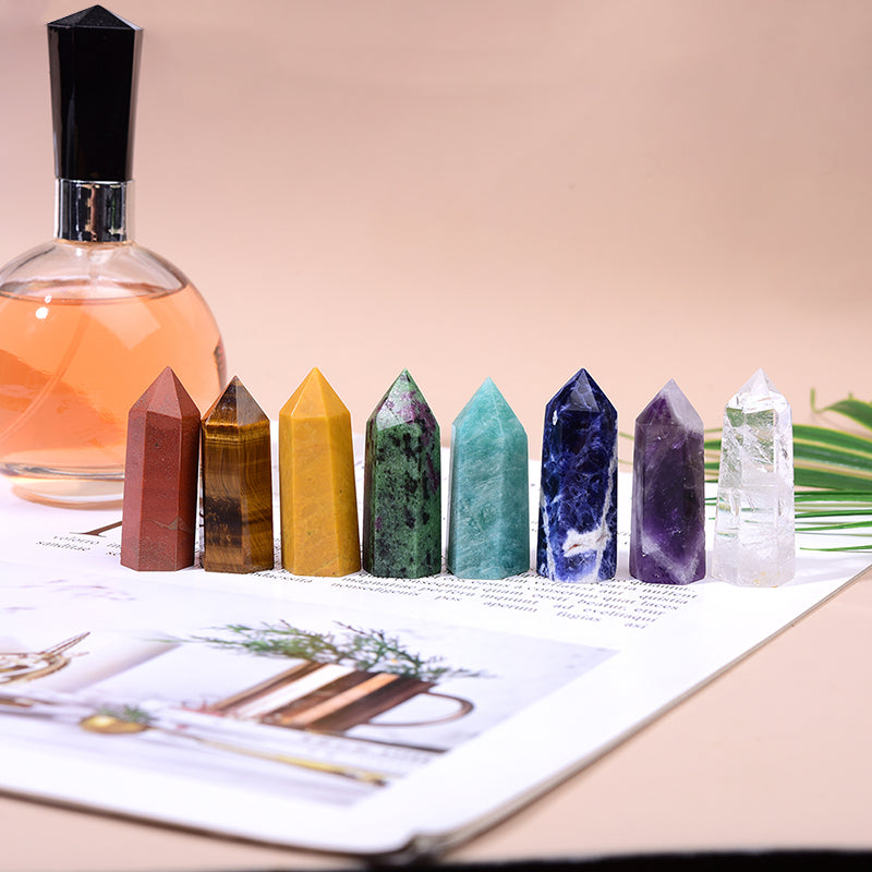 Natural Crystal Single Pointed Column Set White Crystal Pink Crystal Eight-Color Wooden Box Set
