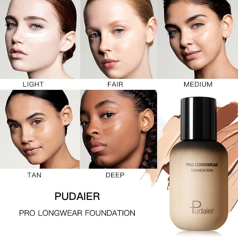 Foundation bottle with swatch colors showing coverage and waterproof features.