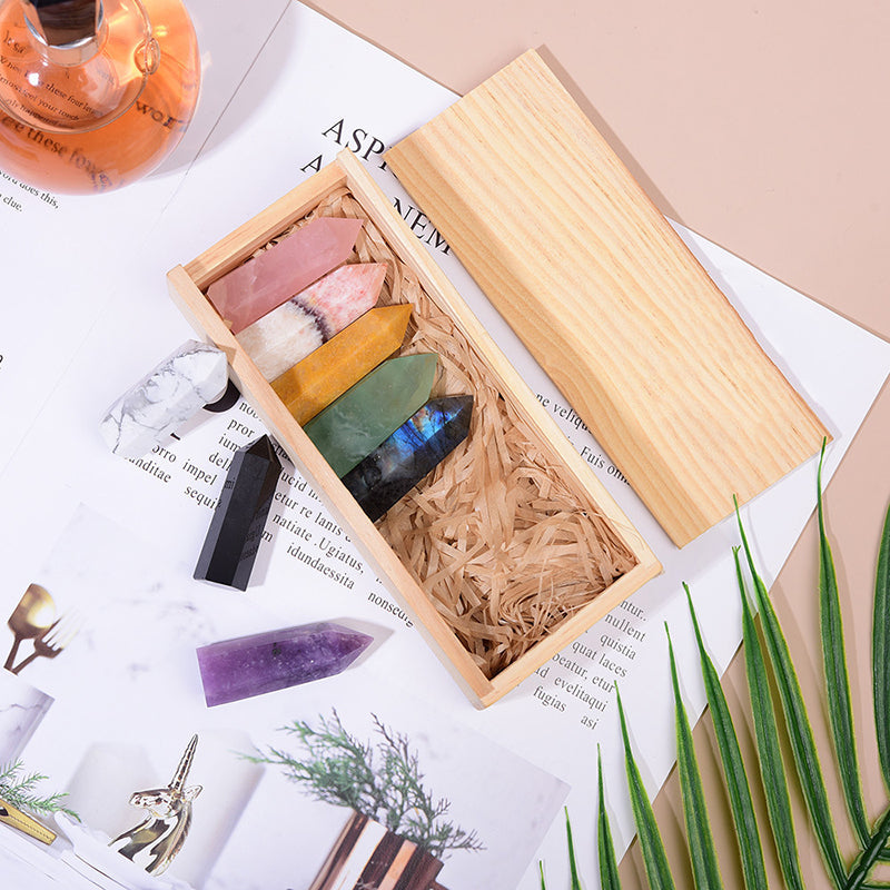Natural Crystal Single Pointed Column Set White Crystal Pink Crystal Eight-Color Wooden Box Set