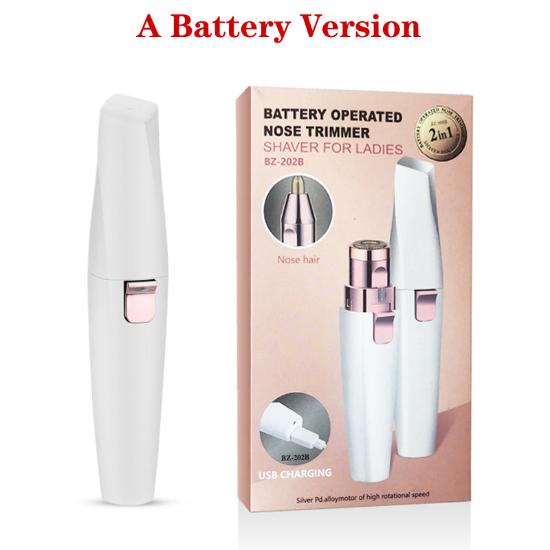 Dual-function eyebrow and nose hair trimmer with a sleek design in white and pink.