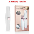 Dual-function eyebrow and nose hair trimmer with a sleek design in white and pink.