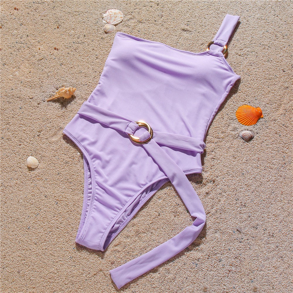 Solid color single shoulder slim fit threaded fabric bikini