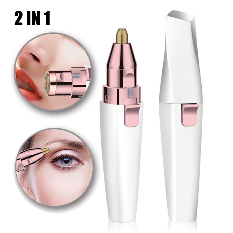 Dual-function eyebrow and nose hair trimmer with a sleek design in white and pink.