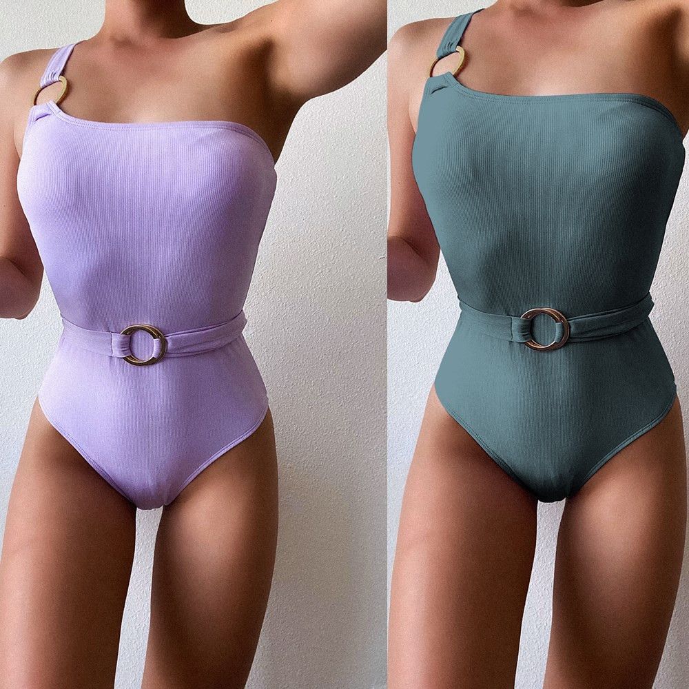 Solid color single shoulder slim fit threaded fabric bikini