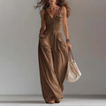 Pocket V-neck button vest jumpsuit for women