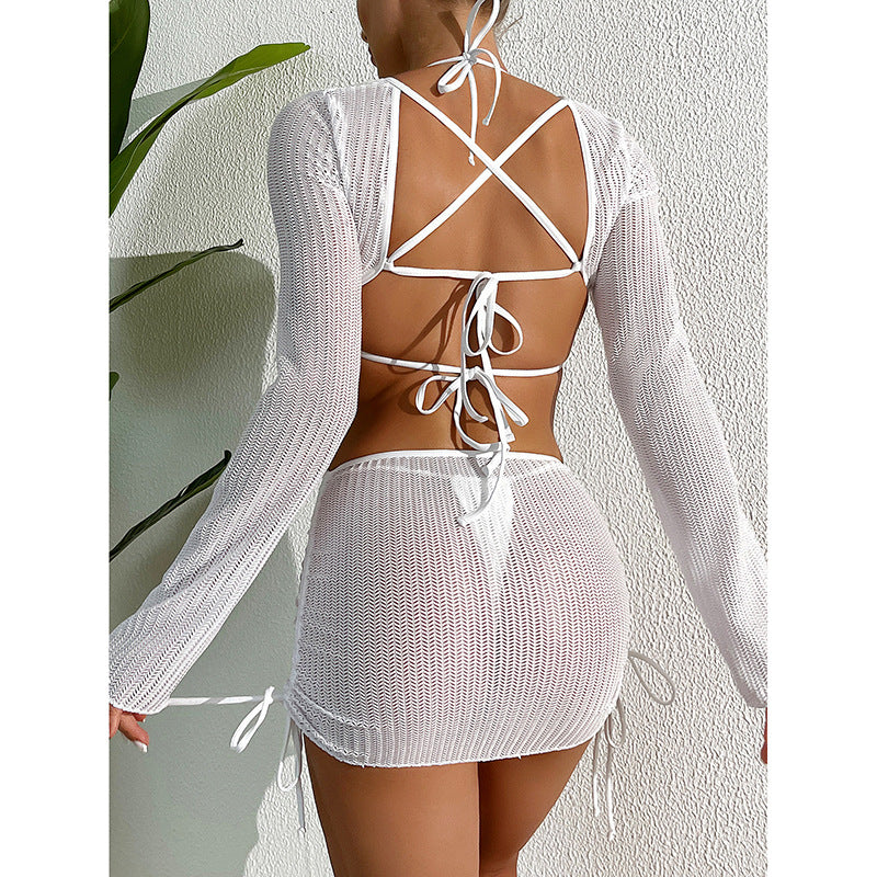 Tie-Up Bikini Three-Piece Swimwear for Women with Sheer Cover-Up, Beach Swim Suit