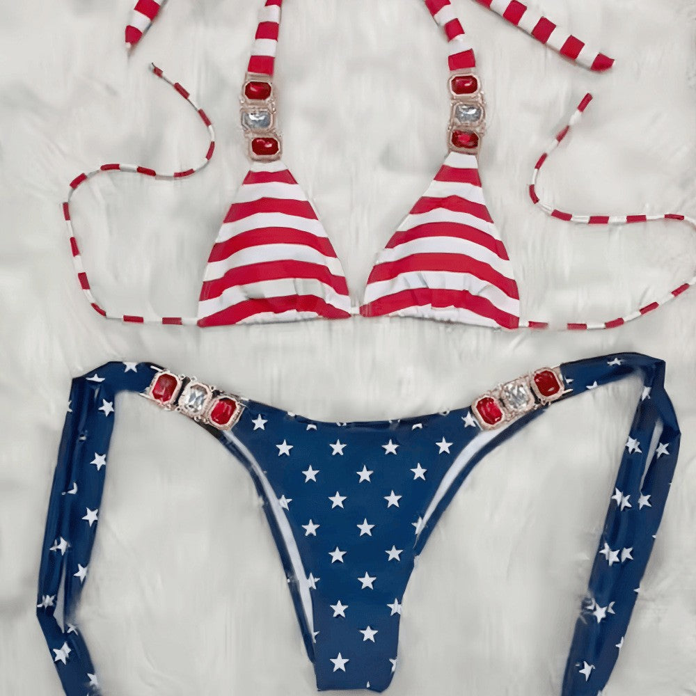 National flag swimsuit with metal inlaid diamond hanging neck