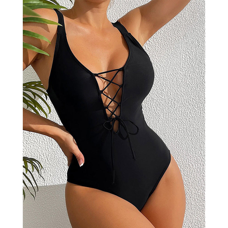 One-Piece Swimsuit for Women, Solid Color, Drawstring, Hollow-Out, Fitted Beach Swimwear
