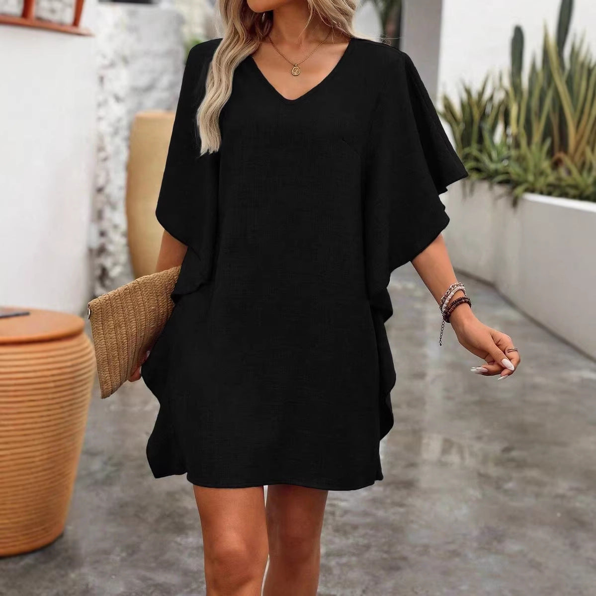 SummerWomen's Pure Color Loose Ruffled Fashion V-Neck Dress