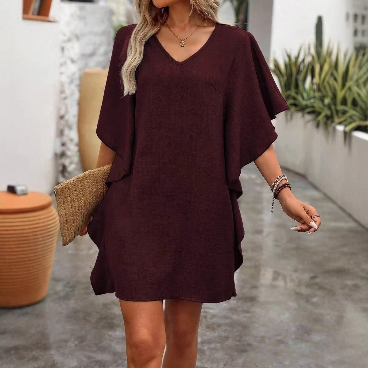 SummerWomen's Pure Color Loose Ruffled Fashion V-Neck Dress