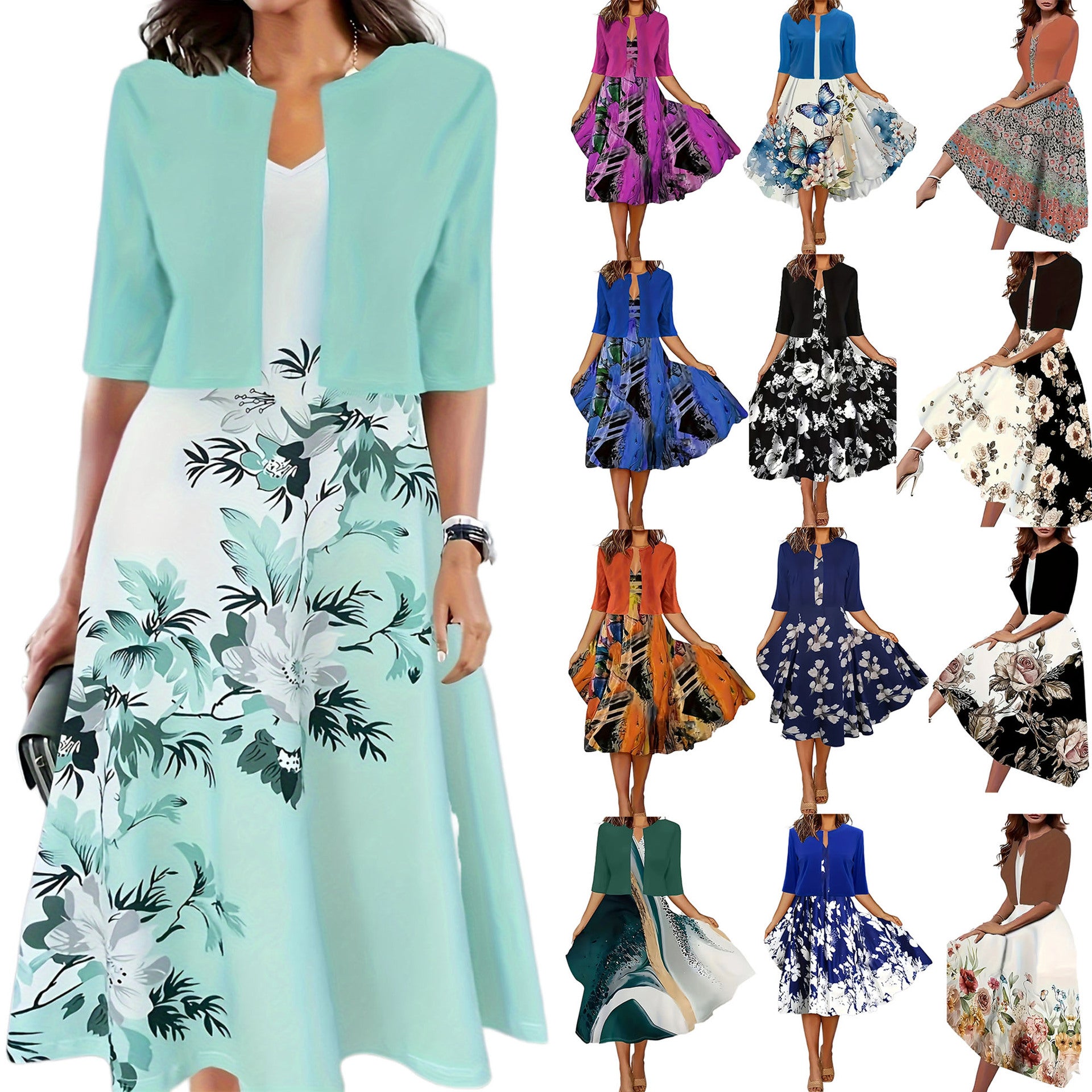 Two-piece long dress with floral and grass print, round neckline