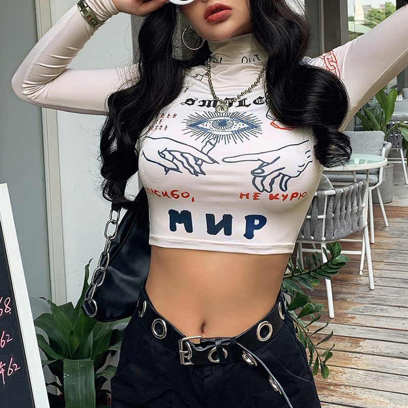 2019 Autumn Winter Women's Print Crop Top T-Shirt