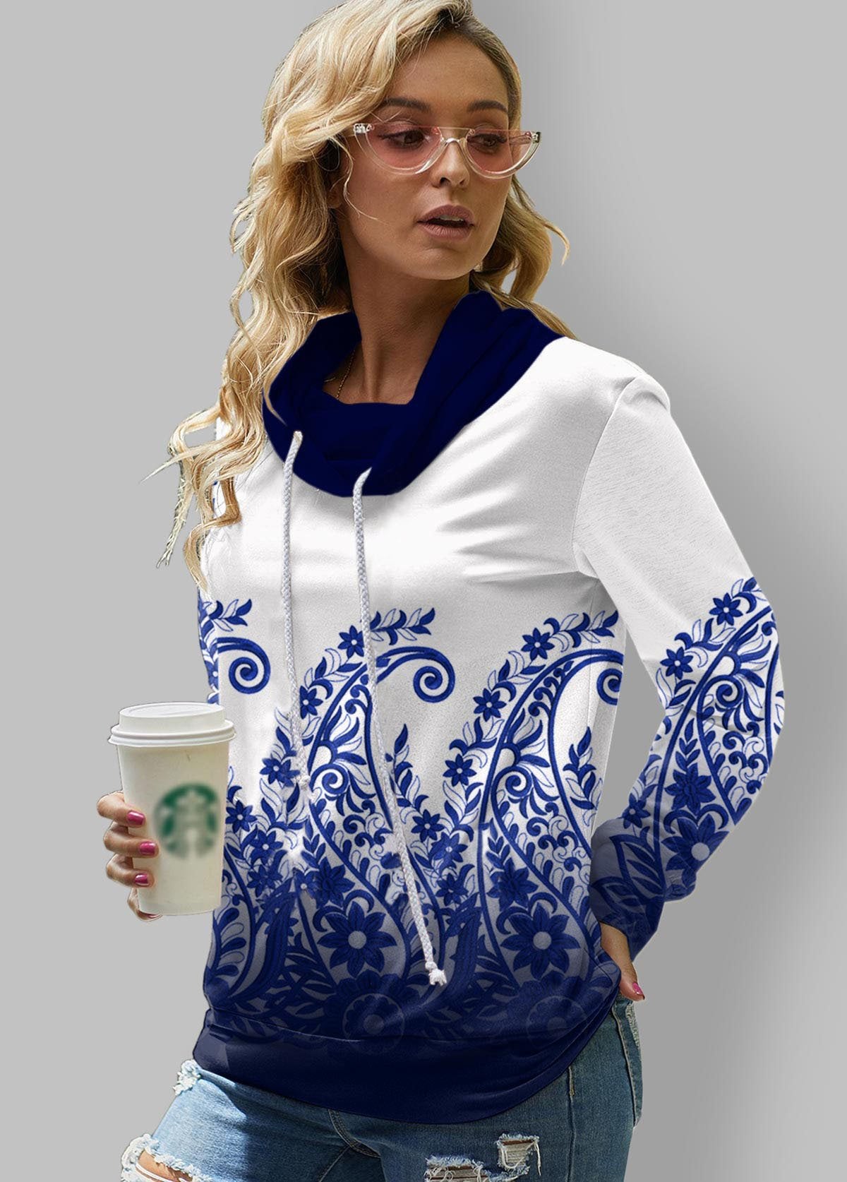 Checkered Long Sleeve Turtleneck Sweatshirt for Women